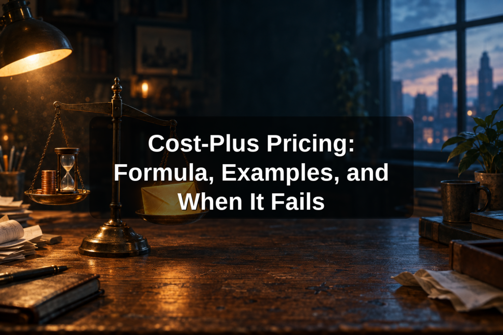Brass balance scale weighing coins and an hourglass against a glowing envelope, illustrating cost-plus pricing versus value