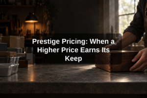 Hand-finished walnut object on a stone counter, illustrating prestige pricing earned through craft