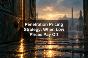 Steel wedge holding a bronze gate open as light spills through, illustrating penetration pricing strategy