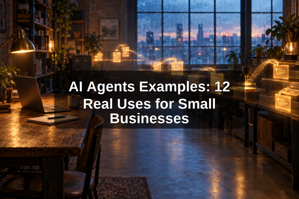 Small business office at dusk with glowing task cards being sorted by AI agents