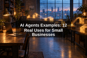 Small business office at dusk with glowing task cards being sorted by AI agents
